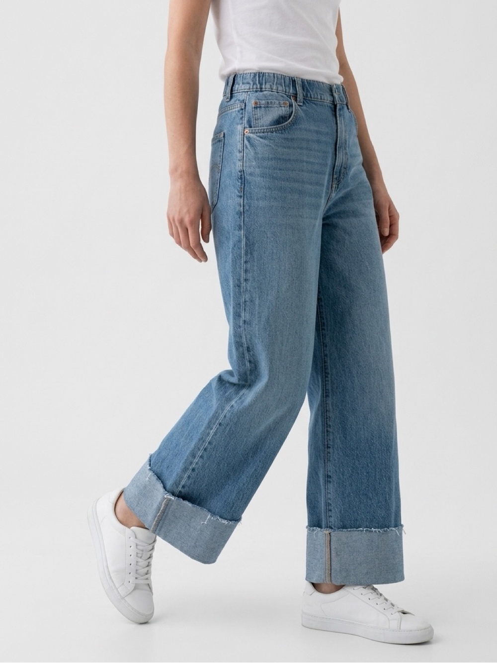 Rewash Brand Wide Leg Raw Edge Cuffed Elastic Waist Jeans